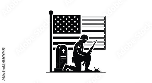 Vector of soldier kneeling before American flag