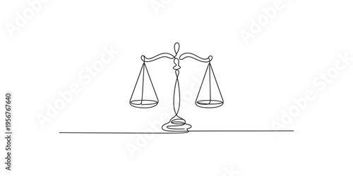Continuous line drawing of balanced scales on a flat surface balance law justice equality fairness
