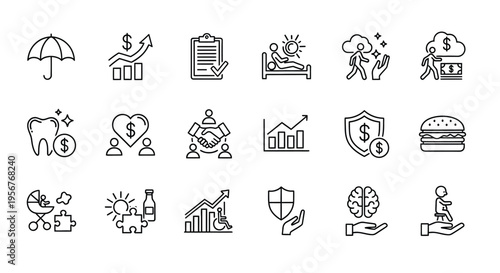 Collection of line icons representing various aspects of life and finance