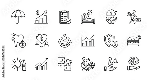 Collection of linear icons representing finance health and lifestyle concepts