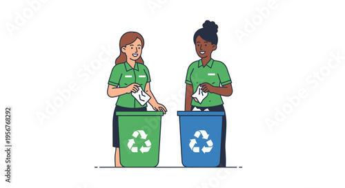 Two women sorting recycling into green and blue bins outdoors
