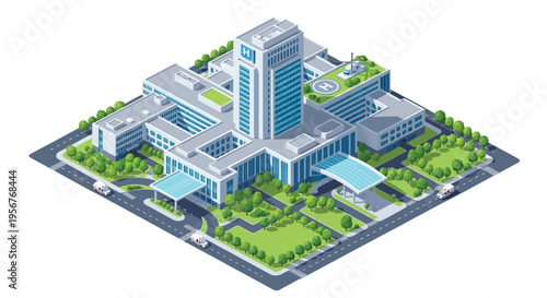 Isometric illustration of a modern city hospital with a helipad