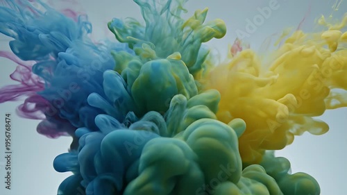 Wallpaper Mural Colorful ink clouds spread, mixing hues of blue, green, yellow, and pink against a light backdrop Torontodigital.ca