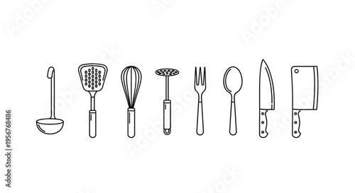 A collection of hand drawn kitchen utensils in a linear arrangement