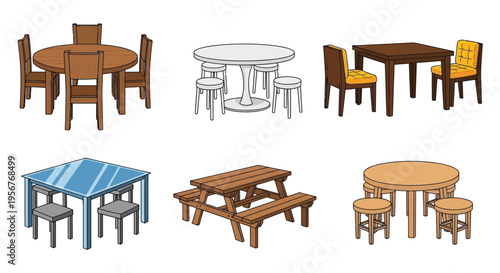 Collection of cartoon tables and chairs in various shapes and styles
