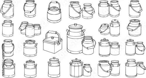 Milk Cans Illustration: Vintage Dairy Vessels, Isolated Black and White Vector Set