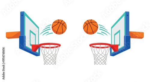 Two basketball hoops with balls in motion a playful illustration