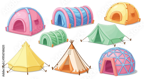 Colorful collection of various cartoon tents and shelters displayed together