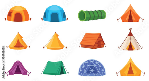 Colorful collection of various cartoon tent designs on a white background