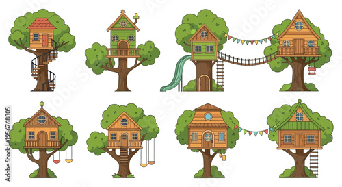 Colorful treehouses connected by bridges and stairs offer whimsical outdoor play