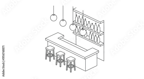 Isometric illustration of a minimalist bar with stools and shelving