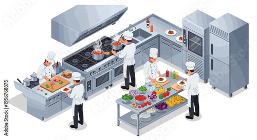 Isometric view of a busy commercial kitchen with chefs preparing food