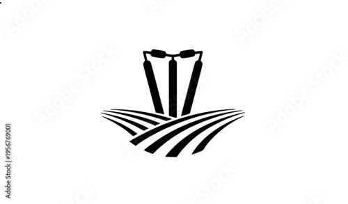 Cricket wickets icon with abstract field concept combining sports and rural theme black vector isolated on white