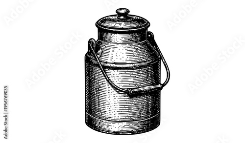 Vintage milk can engraving style scratchboard illustration with detailed linework black vector isolated on white