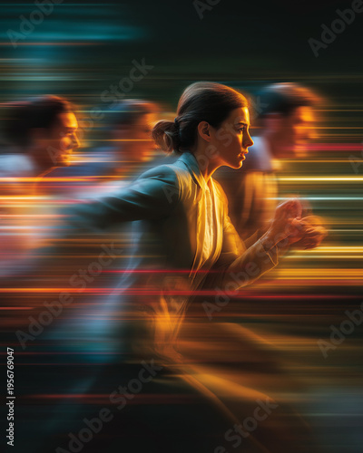 Wallpaper Mural Race to the Finish: A determined team of professionals sprint towards the future, symbolizing progress, determination, and success, blurred motion indicating speed and momentum. Torontodigital.ca