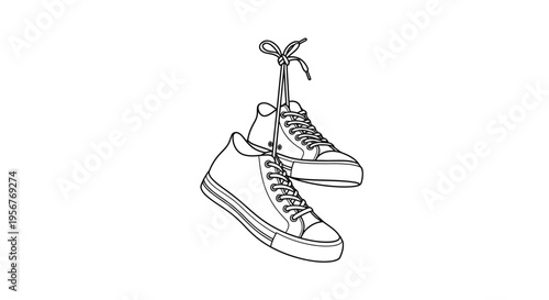 A simple line drawing depicts a pair of hanging sneakers