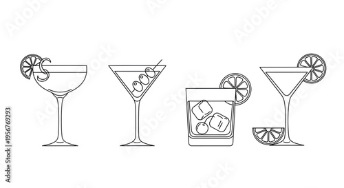 Line art illustration of various cocktail glasses with garnishes