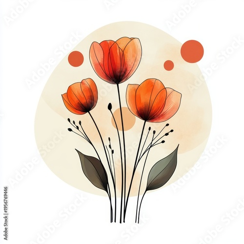 three orange watercolor poppy flowers with slender black stems, seed buds and green leaves against a soft beige circle and floating orange dots, serene