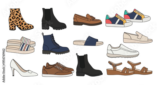 Variety of footwear illustrations including boots sandals and sneakers