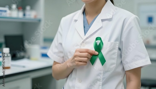 A woman in a lab coat displays a green ribbon, symbolizing Celiac Disease Awareness and the importance of gluten-free diets