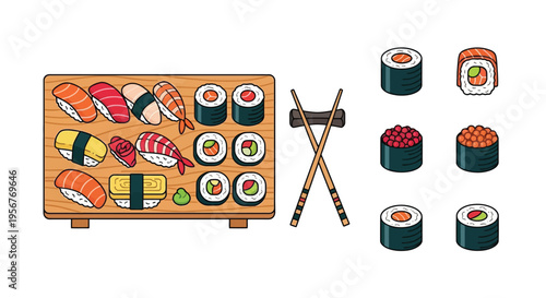Assorted sushi rolls and nigiri presented on a wooden serving tray