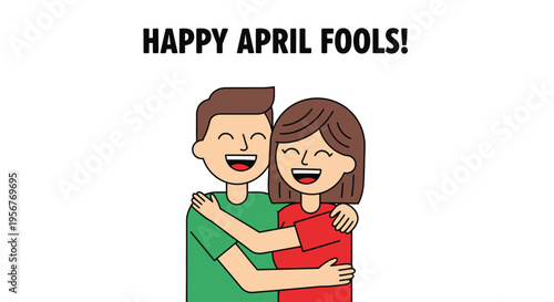 Happy april fools day illustration featuring a smiling couple embracing