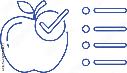 A blue outline icon showing a healthy apple paired with a checklist representing dietary choices isolated on transparent background, isolated on white background, Vector