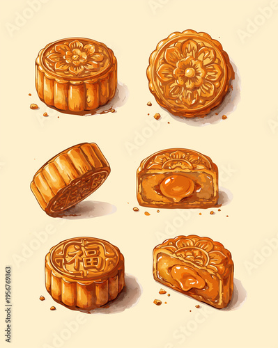 Premium Mooncake Watercolor Illustration Set – Mid-Autumn Festival Chinese Pastry, Detailed Hand Painted Dessert Collection