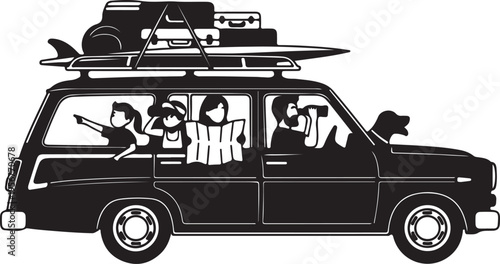 Stylized silhouette of a family enjoying a summer road trip, packed in their car with luggage, surfboard, and a dog.