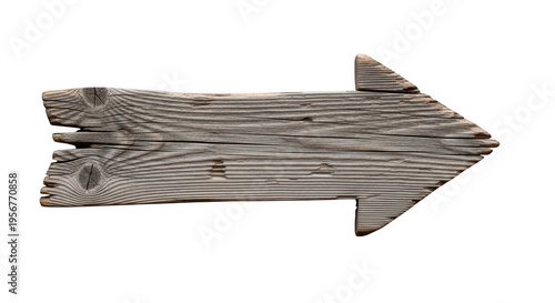 A weathered wooden arrow pointing to the right on a white background isolated on transparent background