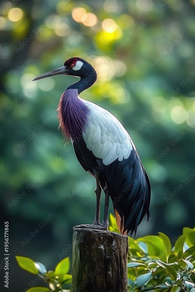 Obraz premium Majestic crane perched on a weathered wooden post, poised and serene with white wings, iridescent dark plumage and a purple neck against a soft green bokeh background