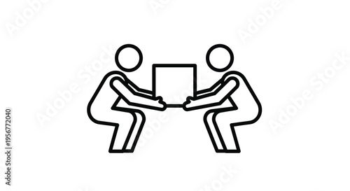 Simple vector graphic illustration depicting two individuals carefully lifting and transporting a square package collaboratively.