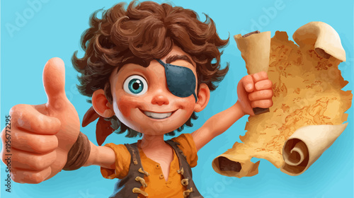 A smiling pirate boy with an eye patch and a thumbs up, holding a treasure map scroll against a blue backdrop