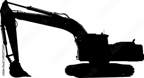 Hydraulic excavator silhouette digging at construction project