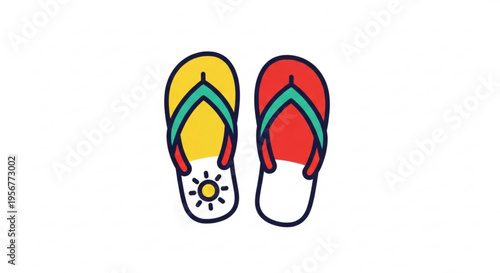 Vibrant flip flops in red and yellow with green straps on white background