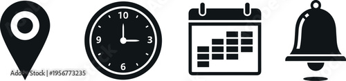 Location time schedule and notification solid icons set with map pin clock calendar and alert symbols vector for apps