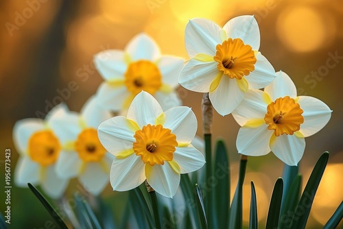 cluster of white and yellow daffodil flowers with green leaves bathed in warm golden sunlight and soft bokeh, evoking peaceful springtime joy