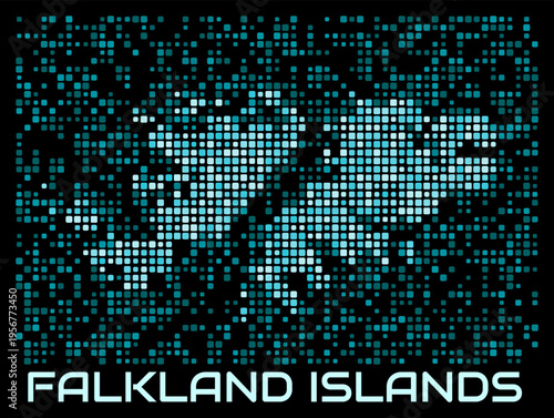 Falkland Islands digital dotted map. Shape of the country in cyan color palette on dark background. Futuristic Falkland Islands map design. Vector illustration.