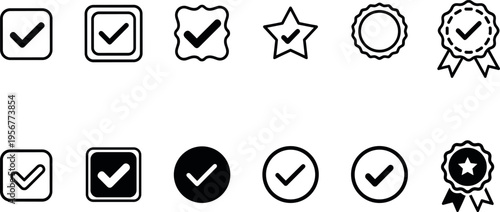 Checkmark and approval icons set with validation badges stars and tick symbols in outline and solid styles for interface design