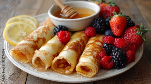 Delicious rolled pancakes filled with fruit, served with honey and fresh berries on a rustic wooden table setting, perfect for breakfast or dessert