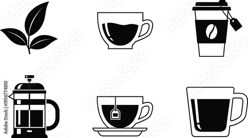 Black Coffee and Tea Icon Collection with Cups, French Press, Takeaway Mug, and Leaf Symbols for Cafe, Beverage, and Drink Vector Design