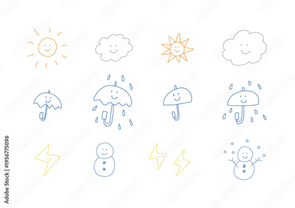 Obraz premium 表情がある天気のカラフルな手描きイラストセット（線画）