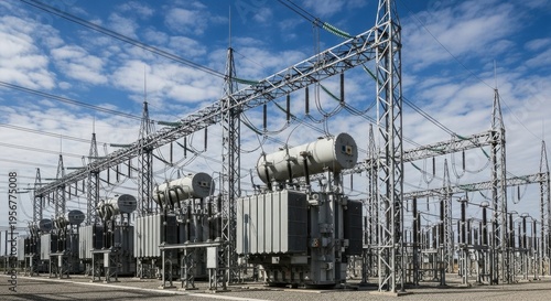 Power Substation Transformers and Electrical Grid Infrastructure Under a Cloudy Sky.