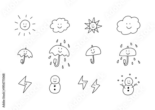 表情がある天気の手描きイラストセット（線画）