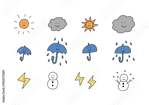 表情がある天気のカラフルな手描きイラストセット