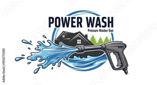 Power Wash Logo Design with Pressure Washer and House.
