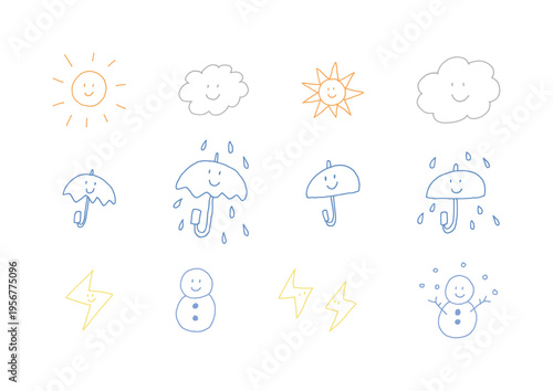 表情がある天気のカラフルな手描きイラストセット（線画）