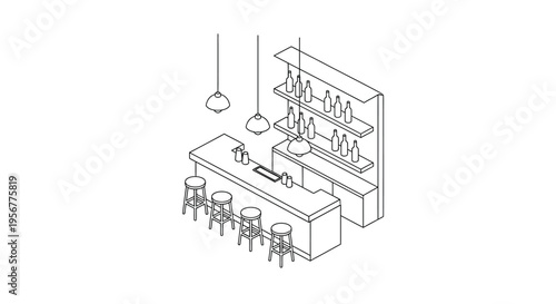 Isometric illustration of a minimalist bar with seating and shelving