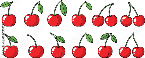 Cute Cherry Fruit Cartoon Vector Set with Single and Double Cherries for Summer Food Designs, Kids Illustrations, Fresh Fruit Icons, and Sweet Dessert Graphics
