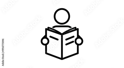 Minimalist vector illustration graphic depicting a person reading an open book for education and study.